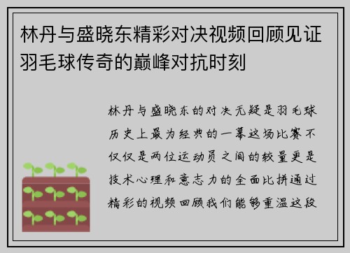 林丹与盛晓东精彩对决视频回顾见证羽毛球传奇的巅峰对抗时刻